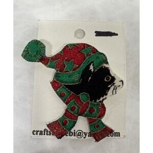 Vintage Christmas Cat Fabric Pin‎ Black Cat in Hat Scarf Glitter Holiday Brooch